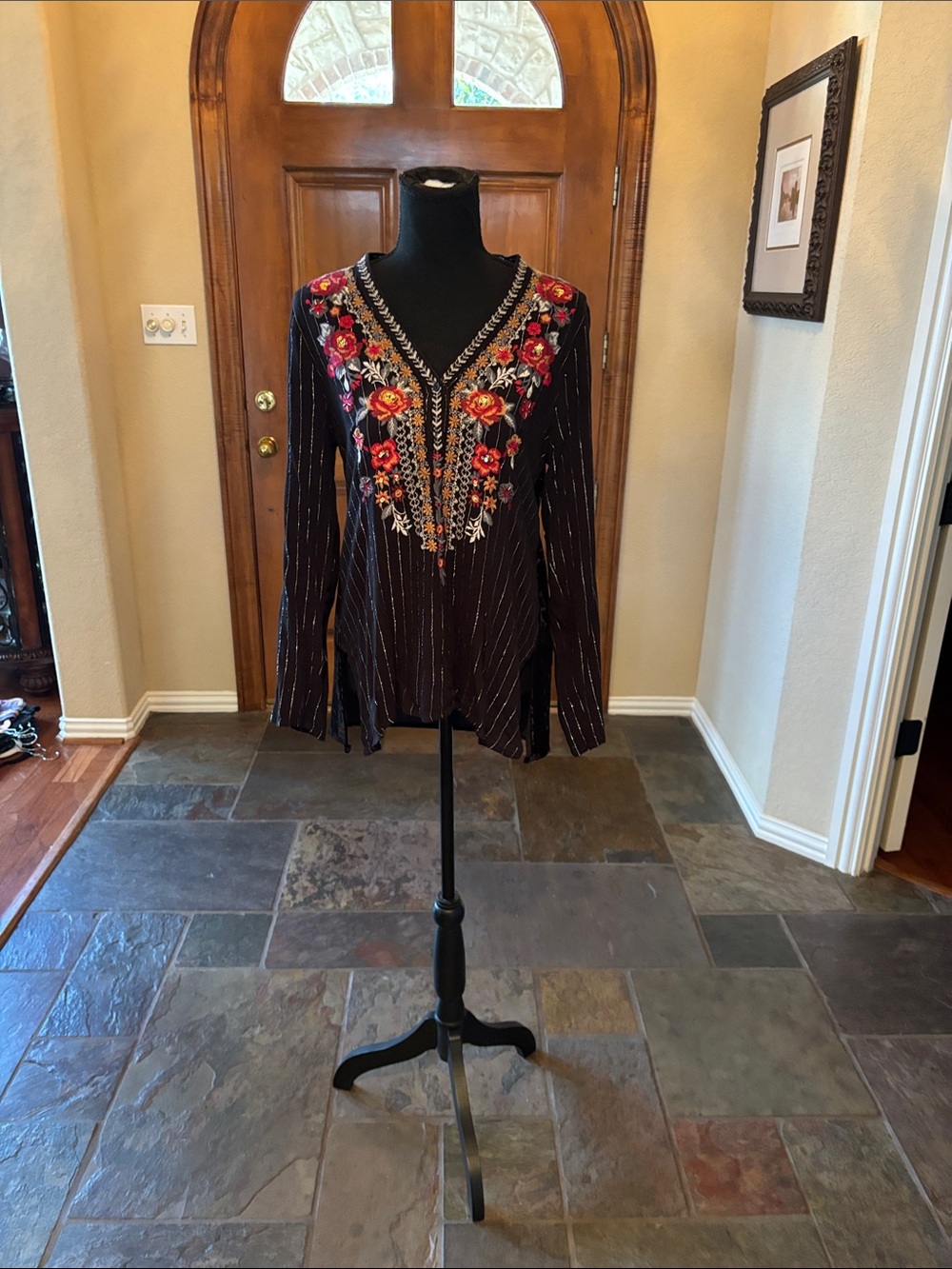 Andree Black V-Neck Tunic with Red Floral Embroidery